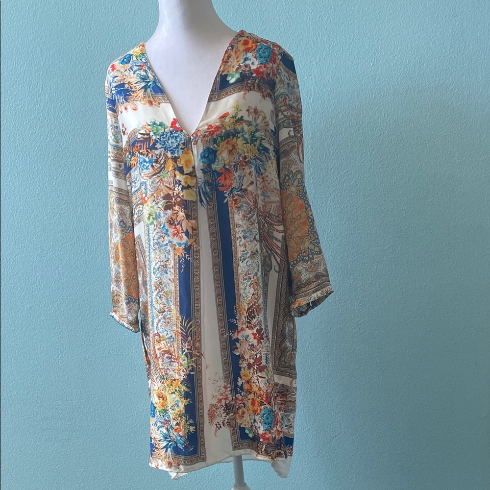 Zara Cream Floral Paisley V-Neck Mini Dress with Blue and Orange Accents